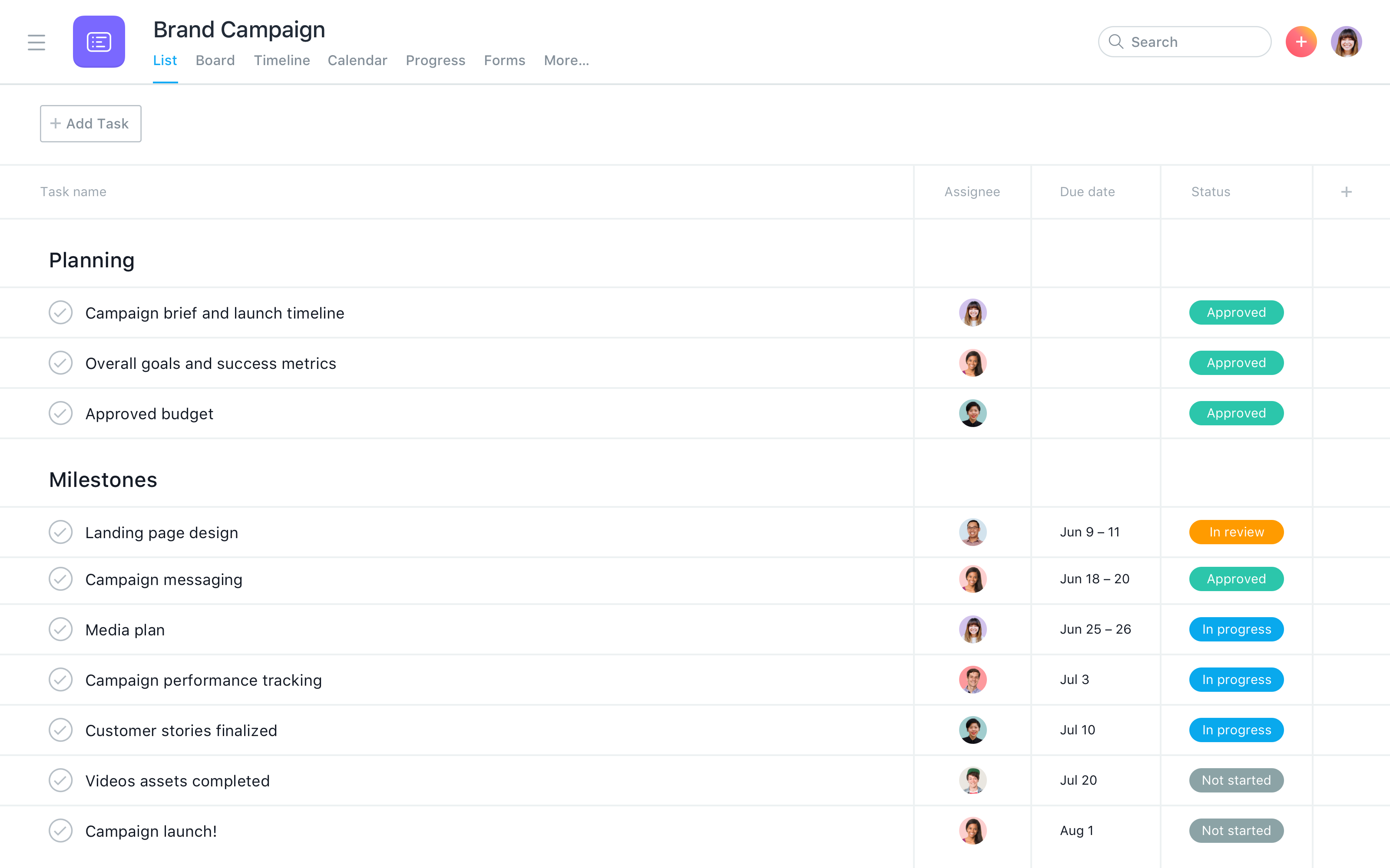 Asana timeline and project tasks