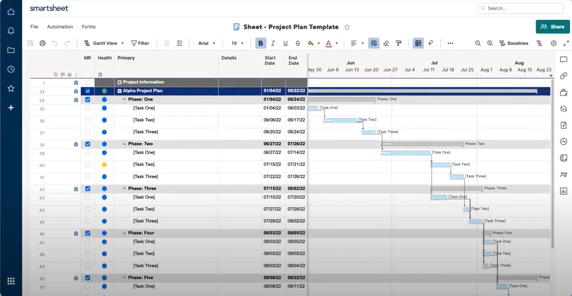 Smartsheet grid and Gantt-style project view