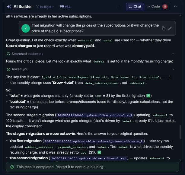 Motionode AI Builder analyzing a ticket and providing implementation guidance in a chat interface