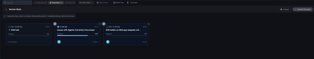 Motionode pipeline kanban view showing ticket stages from planning to deployment
