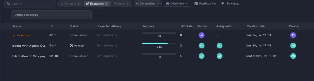 Motionode visual delivery pipeline showing software tickets, dependencies, and delivery status