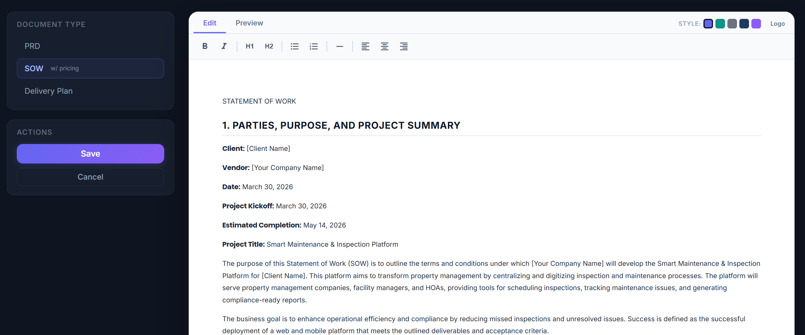 Client proposal and SOW