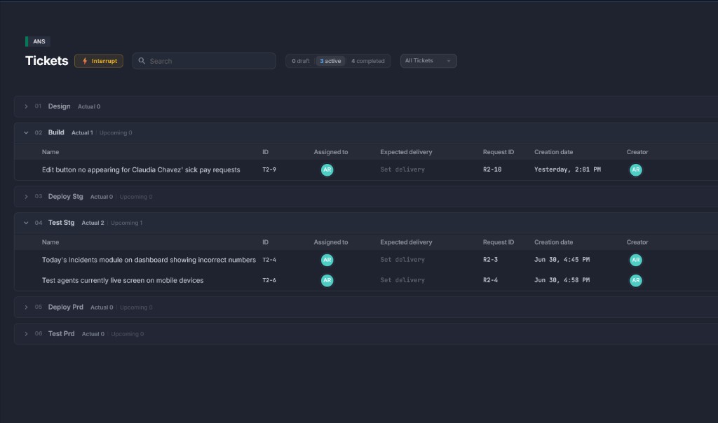 Motionode tickets list showing backlog, active work, and delivery status